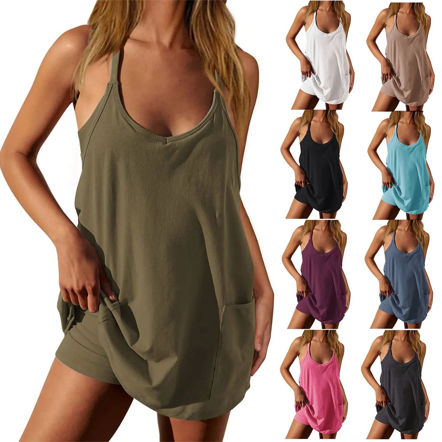 Mini robe combi-short d'été dos nu & décolleté profond. Tissu stretch (coton/poly) pour un confort absolu.